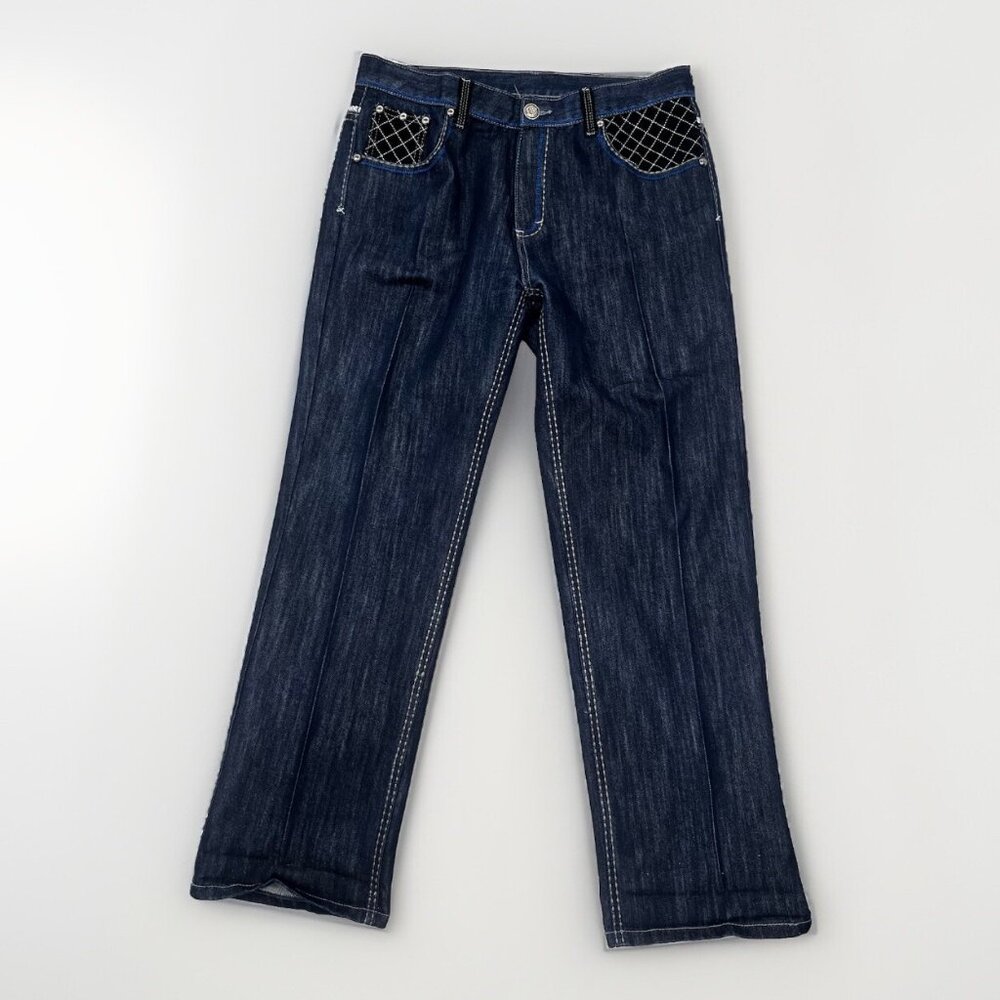 Men's Ak:Cess Akcess Dark Wash Baggy Y2K Embellished Denim Jeans Size 36x32 - Picture 2 of 16